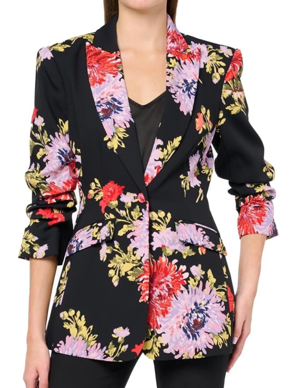 Cinq à Sept 'Cheyenne' Chrysanthemum-Print Ruched-Sleeve Blazer, Black Multi